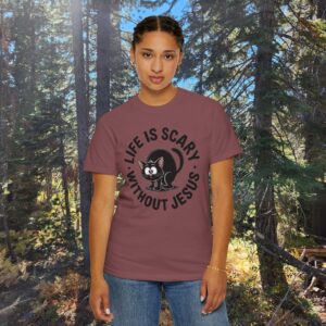 Life Is Scary Without Jesus Christian T-Shirt - Scared Black Cat Tee - Image 15
