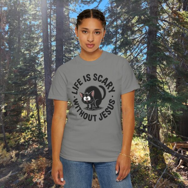 Model of Life Is Scary Without Jesus Christian T-Shirt - Scared Black Cat Tee 52