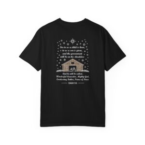 Black Christian t-shirt with Isaiah 9:6 scripture, stars and barn design.
