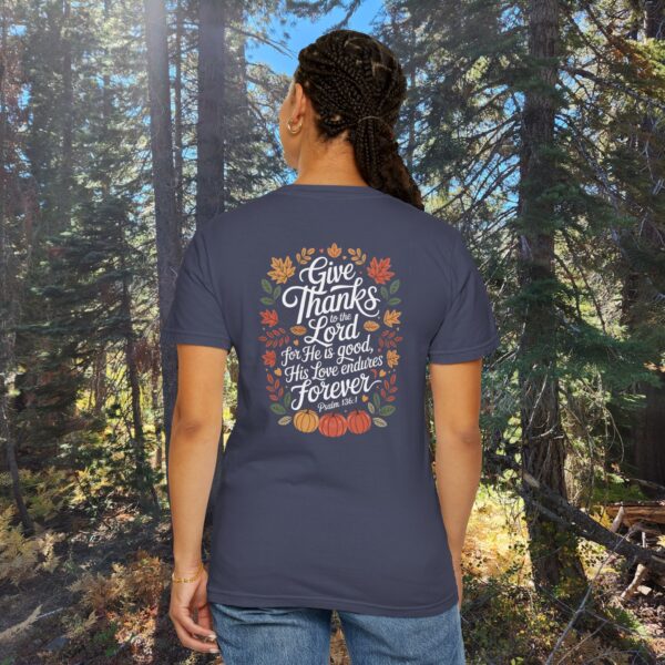 Model of Give Thanks to the Lord Fall Christian T-Shirt - Psalm 136:1 42