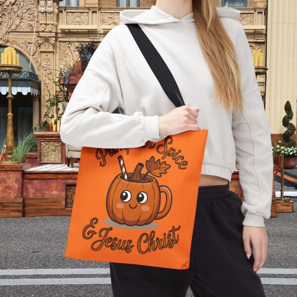 Model of Pumpkin Spice and Jesus Christ Christian Tote Bag – Canvas Fall Tote Bag 18