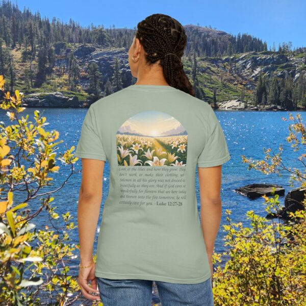 Model of Look at the Lilies and How They Grow Christian T-Shirt - Luke 12:27-28 18