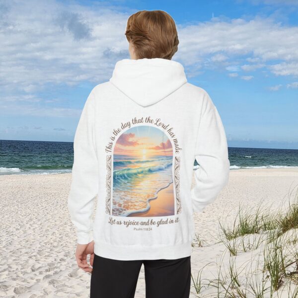 Model of The Day the Lord Has Made Christian Hoodie - Comfort Colors Beach Sunset Psalm 118:24 Christian Sweatshirt 8