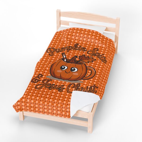 Model of Pumpkin Spice and Jesus Christ Velveteen Blanket 8