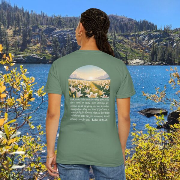 Model of Look at the Lilies and How They Grow Christian T-Shirt - Luke 12:27-28 24