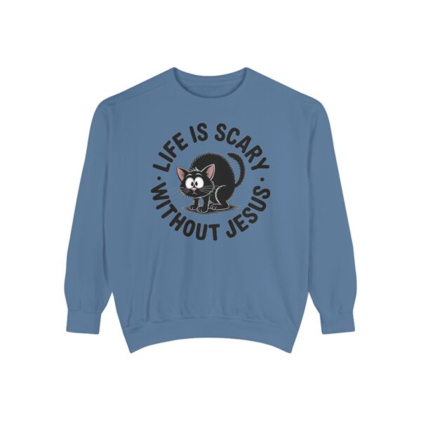 Blue Life is Scary Without Jesus Halloween Sweatshirt, design showing a cute frightened black cat.