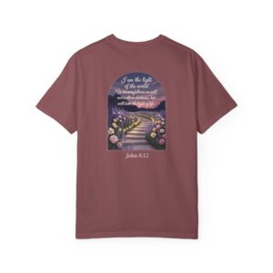 Maroon Christian t-shirt with John 8:12 scripture, lit stairway path with flowers and sunset design.