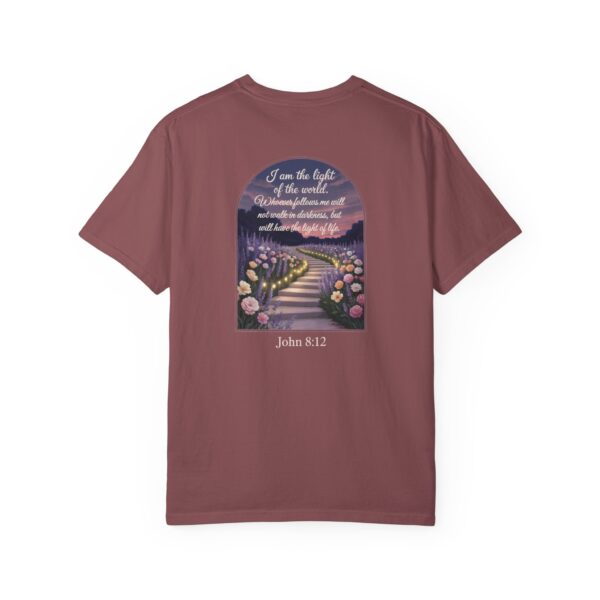 Maroon Christian t-shirt with John 8:12 scripture, lit stairway path with flowers and sunset design.