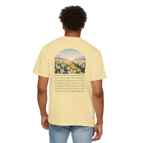 Model of Look at the Lilies and How They Grow Christian T-Shirt - Luke 12:27-28 2