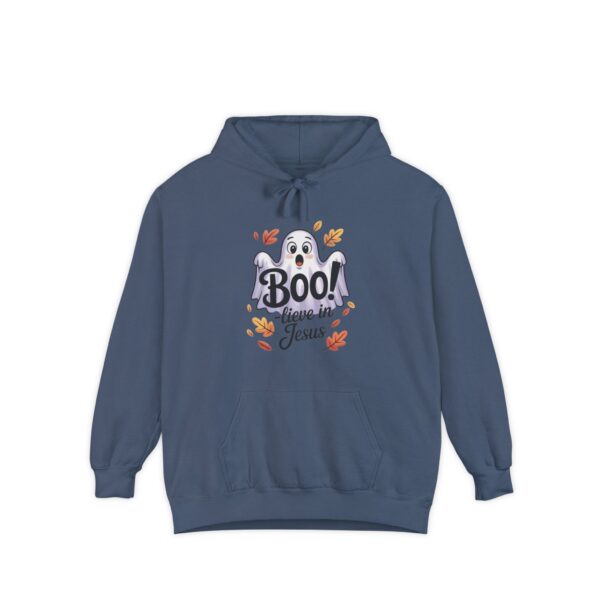 Gray Boo! -lieve in Jesus Halloween Hoodie, design showing a cute ghost with fall leaves.