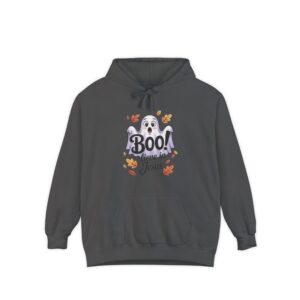 Gray Boo! -lieve in Jesus Halloween Hoodie, design showing a cute ghost with fall leaves.