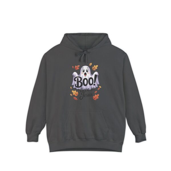 Gray Boo! -lieve in Jesus Halloween Hoodie, design showing a cute ghost with fall leaves.