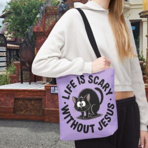 Life Is Scary Without Jesus Christian Tote Bag - Black Cat Canvas Tote Bag - Image 5