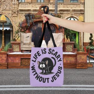Life Is Scary Without Jesus Christian Tote Bag - Black Cat Canvas Tote Bag - Image 3