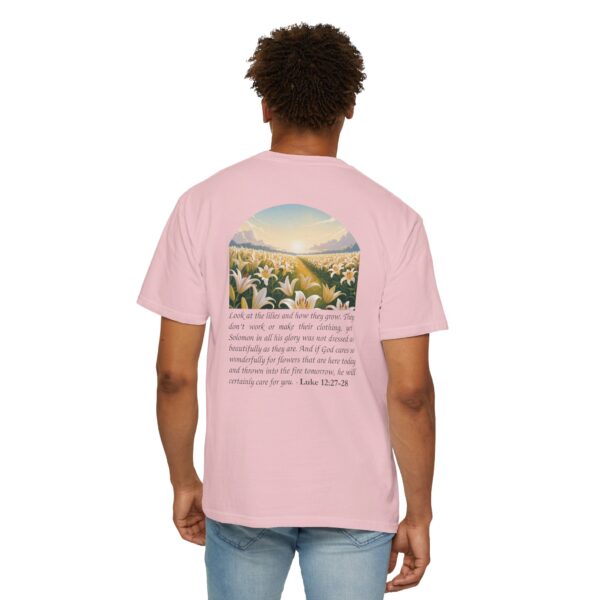 Model of Look at the Lilies and How They Grow Christian T-Shirt - Luke 12:27-28 50