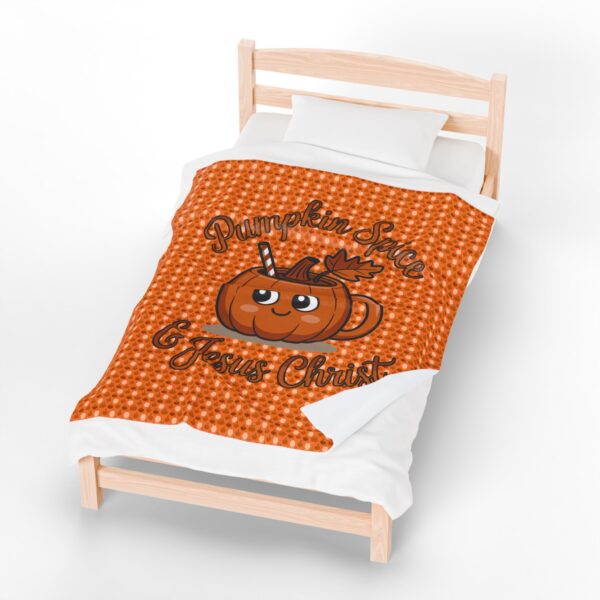 Model of Pumpkin Spice and Jesus Christ Velveteen Blanket 2