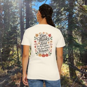 Give Thanks to the Lord Fall Christian T-Shirt - Psalm 136:1 - Image 4