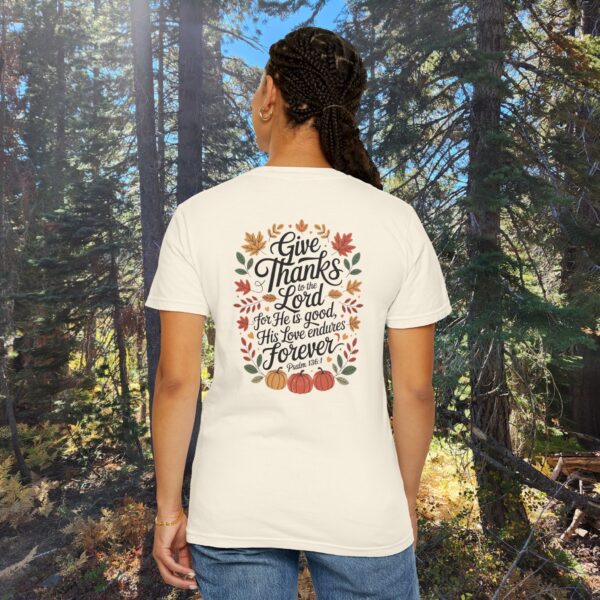 Model of Give Thanks to the Lord Fall Christian T-Shirt - Psalm 136:1 6