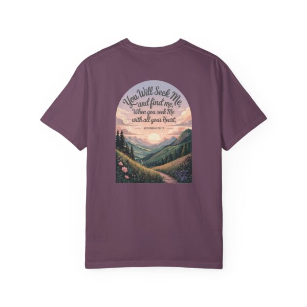 Purple Christian t-shirt with Jeremiah 29:13 scripture, mountain valley, and sunset graphic.