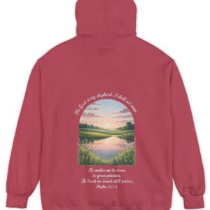 Red Comfort Color hoodie sweatshirt with a meadow, pond and wildflowers with The Lord is my shepherd, I shall not want. He makes me lie down in green pastures. He leads me beside still waters. printed on it. Psalm 23:1-2