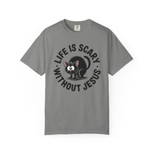 Life Is Scary Without Jesus Christian T-Shirt - Scared Black Cat Tee - Image 29