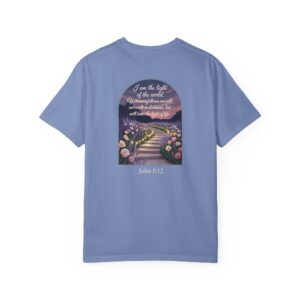 Blue Christian t-shirt with John 8:12 scripture, lit stairway path with flowers and sunset design.