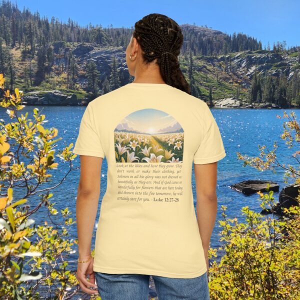 Model of Look at the Lilies and How They Grow Christian T-Shirt - Luke 12:27-28 1