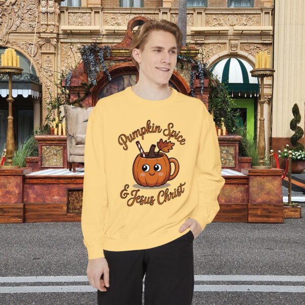 Model of Pumpkin Spice and Jesus Christ Fall Christian Sweatshirt 2