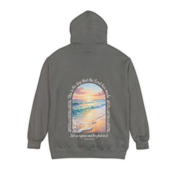 Model of The Day the Lord Has Made Christian Hoodie - Comfort Colors Beach Sunset Psalm 118:24 Christian Sweatshirt 22