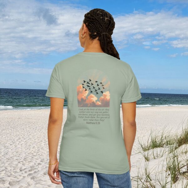 Look at the Birds of the Air Christian T-Shirt - Matthew 6:26 27 Model of Look at the Birds of the Air Christian T-Shirt - Matthew 6:26 26