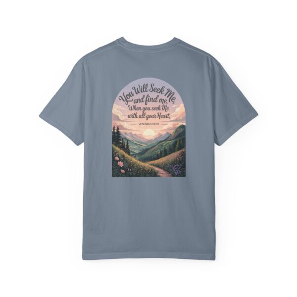 Blue Christian t-shirt with Jeremiah 29:13 scripture, mountain valley.