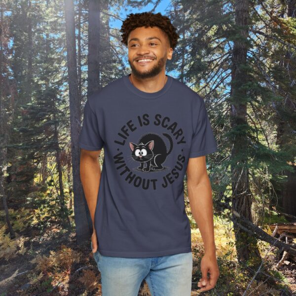 Model of Life Is Scary Without Jesus Christian T-Shirt - Scared Black Cat Tee 74