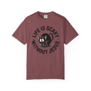 Life Is Scary Without Jesus Christian T-Shirt - Scared Black Cat Tee - Image 17