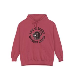 Red Life is Scary Without Jesus Halloween Hoodie, design showing a cute frightened black cat.
