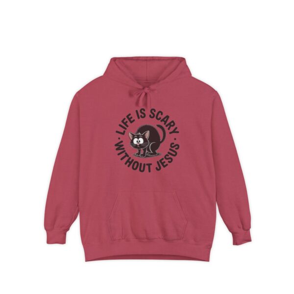 Red Life is Scary Without Jesus Halloween Hoodie, design showing a cute frightened black cat.