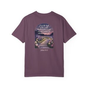 Purple Christian t-shirt with John 8:12 scripture, lit stairway path with flowers and sunset design.
