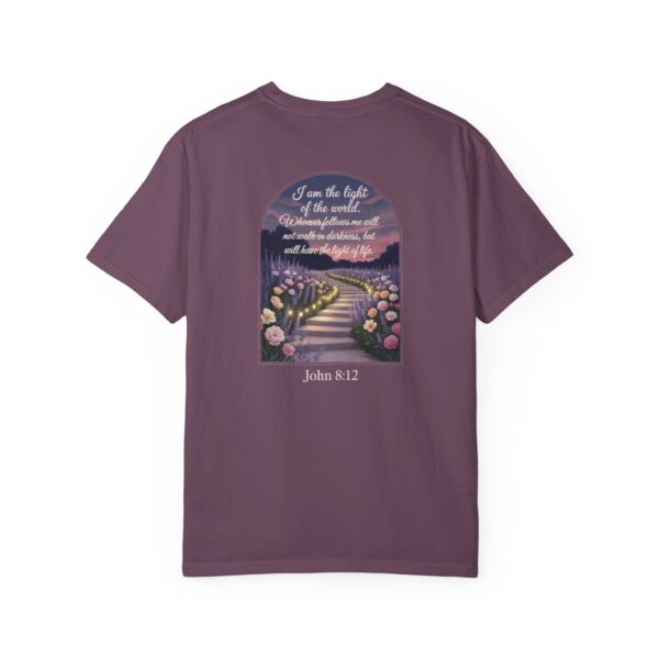 Purple Christian t-shirt with John 8:12 scripture, lit stairway path with flowers and sunset design.