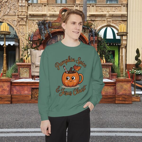 Model of Pumpkin Spice and Jesus Christ Fall Christian Sweatshirt 26