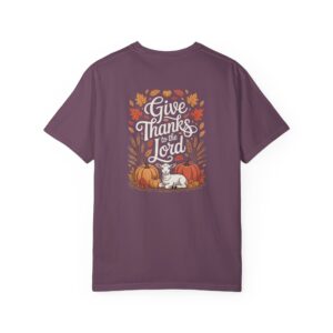 Purple Give Thanks to the Lord t-shirt with Thanksgiving design showing a lamb, pumpkins, and fall leaves.