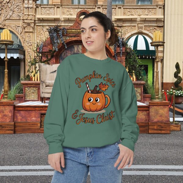 Model of Pumpkin Spice and Jesus Christ Fall Christian Sweatshirt 24