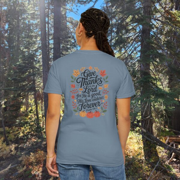 Model of Give Thanks to the Lord Fall Christian T-Shirt - Psalm 136:1 36