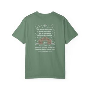 Green Christian t-shirt with Isaiah 9:6 scripture, stars and barn design.