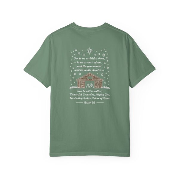 Green Christian t-shirt with Isaiah 9:6 scripture, stars and barn design.