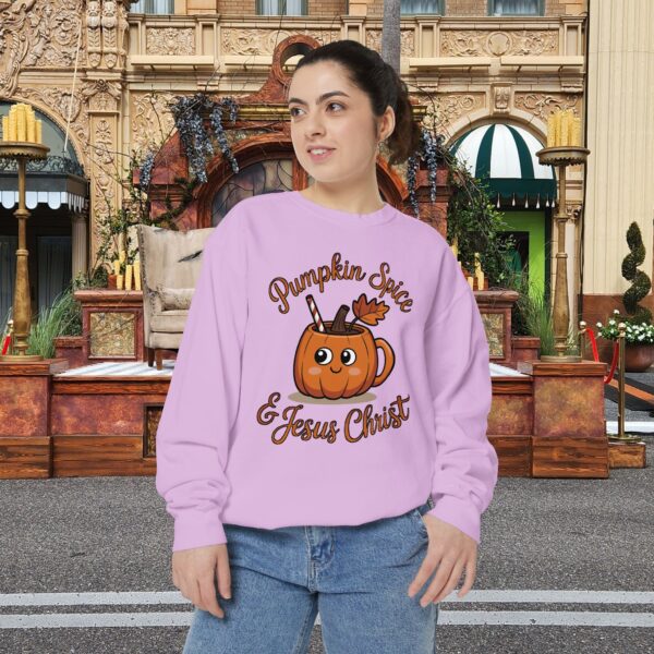 Model of Pumpkin Spice and Jesus Christ Fall Christian Sweatshirt 42