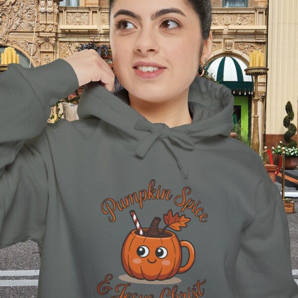 Model of Pumpkin Spice and Jesus Christ Christian Hoodie - Unisex 22