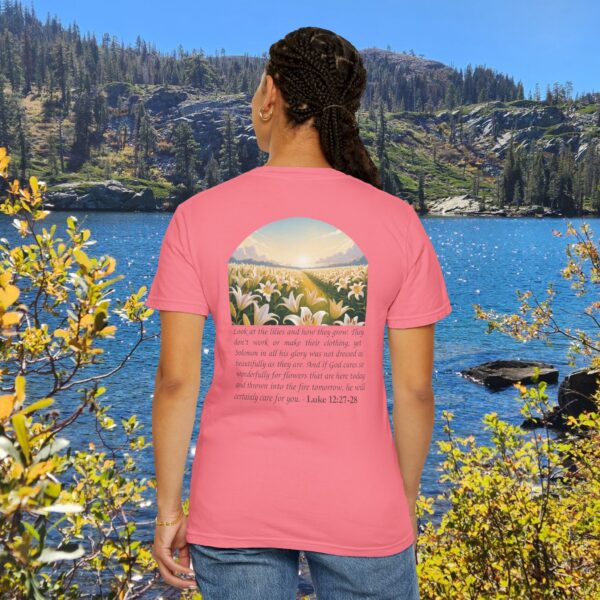 Model of Look at the Lilies and How They Grow Christian T-Shirt - Luke 12:27-28 54