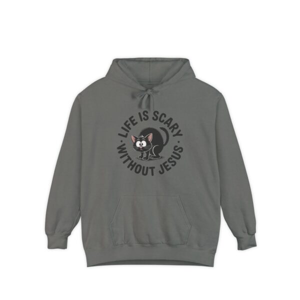 Gray Life is Scary Without Jesus Halloween Hoodie, design showing a cute frightened black cat.