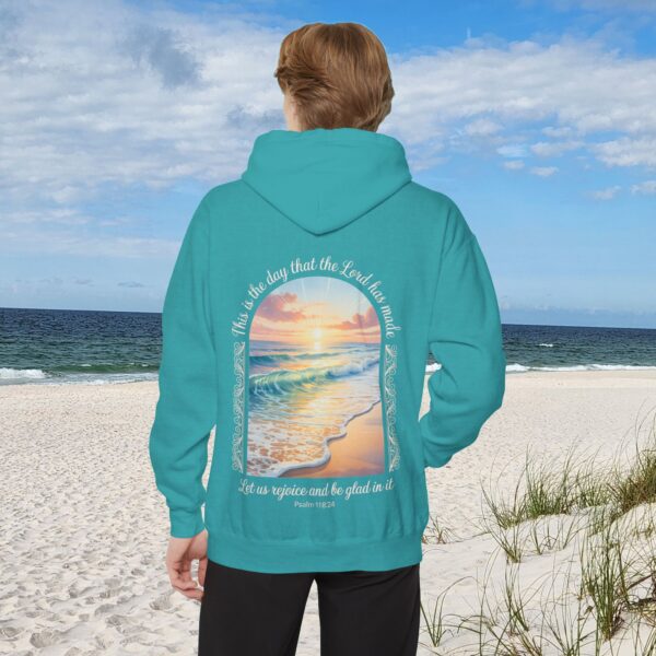 Model of The Day the Lord Has Made Christian Hoodie - Comfort Colors Beach Sunset Psalm 118:24 Christian Sweatshirt 2