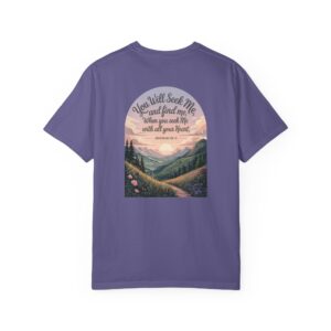 Purple Christian t-shirt with Jeremiah 29:13 scripture, mountain valley, and sunset graphic.