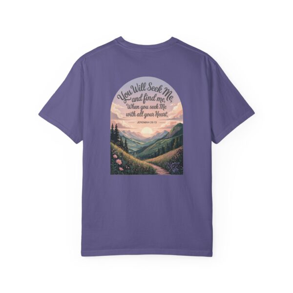 Purple Christian t-shirt with Jeremiah 29:13 scripture, mountain valley, and sunset graphic.